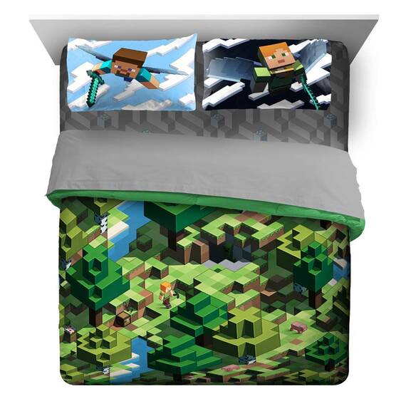 Jay Franco Minecraft Daytime 7-teiliges Queen-Bettwäsche-Set – inkl. Bettdecke und Bettlaken – Bettwäsche mit Alex und Steve – superweiche, lichtbeständige Mikrofaser – (offizielles Minecraft-Produkt)