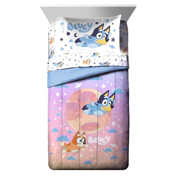 Bluey & Bingo Bettwäsche-Set für Doppelbett, 5-teiliges Bettwäsche-Set mit Bettlaken und Kissenbezügen, superweiche Wolken und Sterne, Kinderbettwäsche