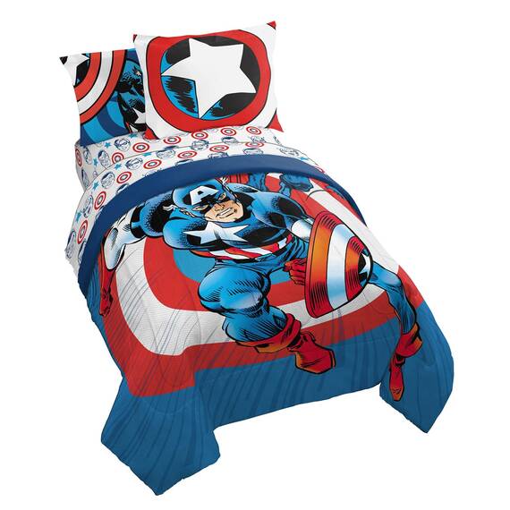 Jay Franco Marvel Comics Captain America Twin Bettwäsche-Set – 5-teiliges Bettwäsche-Set mit Bettlaken und Kissenbezügen – superweiche Avengers Kinderbettwäsche