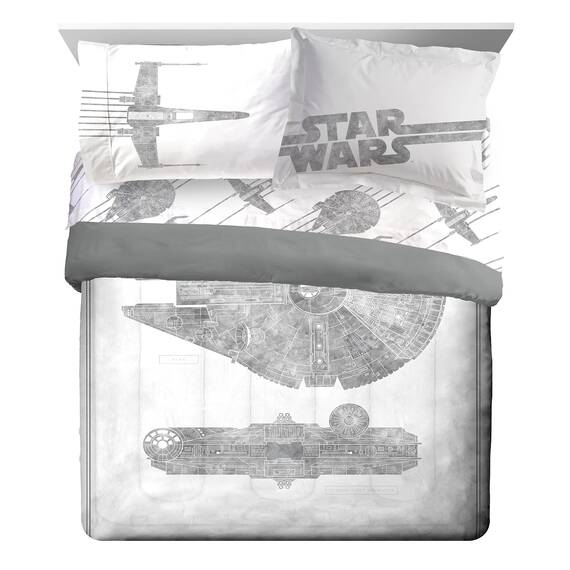 Star Wars Falcon Schematics 7 Piece Queen Size Bed Set - Includes Comforter & Sheet Set - Super Soft Kids Bedding Fade Resistant Microfiber (Official Star Wars Product)