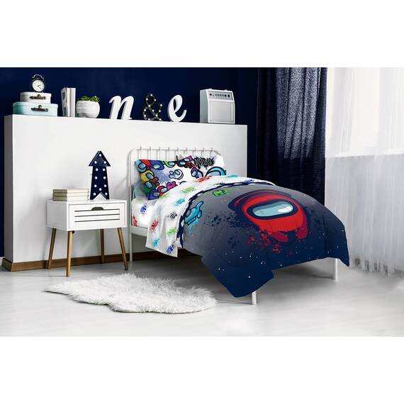 Among Us Space Splatter 5-teiliges Bettwäsche-Set in voller Größe – inklusive Bettdecke und Bettlaken-Set – superweiche, lichtbeständige Mikrofaser (offiziell unter uns Produkt)