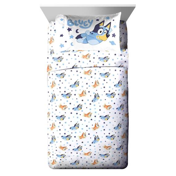 Bluey & Bingo Bettwäsche-Set für Doppelbett, 5-teiliges Bettwäsche-Set mit Bettlaken und Kissenbezügen, superweiche Wolken und Sterne, Kinderbettwäsche