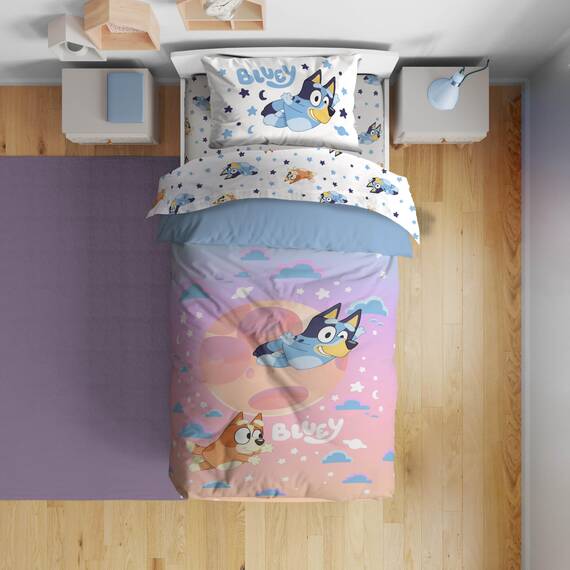 Bluey & Bingo Bettwäsche-Set für Doppelbett, 5-teiliges Bettwäsche-Set mit Bettlaken und Kissenbezügen, superweiche Wolken und Sterne, Kinderbettwäsche