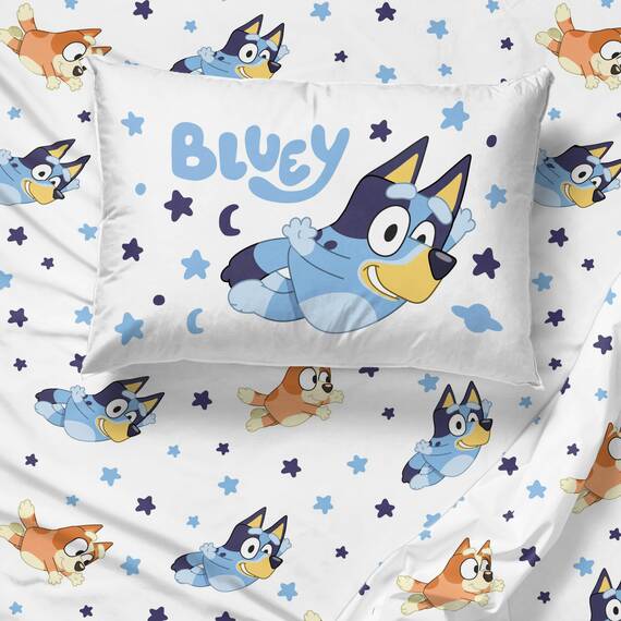 Bluey & Bingo Bettwäsche-Set für Doppelbett, 5-teiliges Bettwäsche-Set mit Bettlaken und Kissenbezügen, superweiche Wolken und Sterne, Kinderbettwäsche