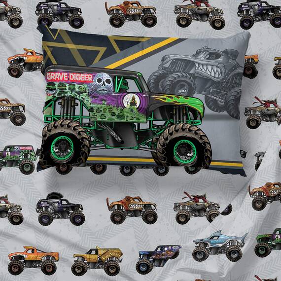 Monster Jam MJ Life Bettwäsche-Set für Doppelbett, 4-teilig, inkl. Wendedecke und Bettlaken, mit Grab Bagger, Max-D, Megalodon, superweiche Mikrofaser, offizielles Monster Jam Produkt