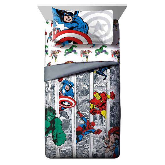 Marvel Avengers Comic Cool 7-teiliges Bettwäsche-Set – inkl. Bettdecke und Bettlaken-Set – Bettwäsche mit Captain America, Spiderman, Iron Man, Hulk & Thor – Super weich (offizielles Marvel-Produkt)