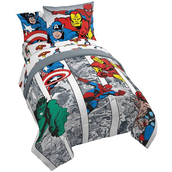 Jay Franco Marvel Avengers Comic Cool 5 Piece Twin Bed Set - Includes Comforter & Sheet Set - Bedding Features Captain America, Spiderman, Iron Man, Hulk, Thor - Super Soft (Official Marvel Product)