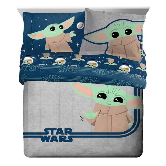 Star Wars The Mandalorian Hello Grogu 7 Piece Queen Size Bed Set - Includes Comforter & Sheet Set - Super Soft Kids Bedding Fade Resistant Microfiber (Official Star Wars Product)