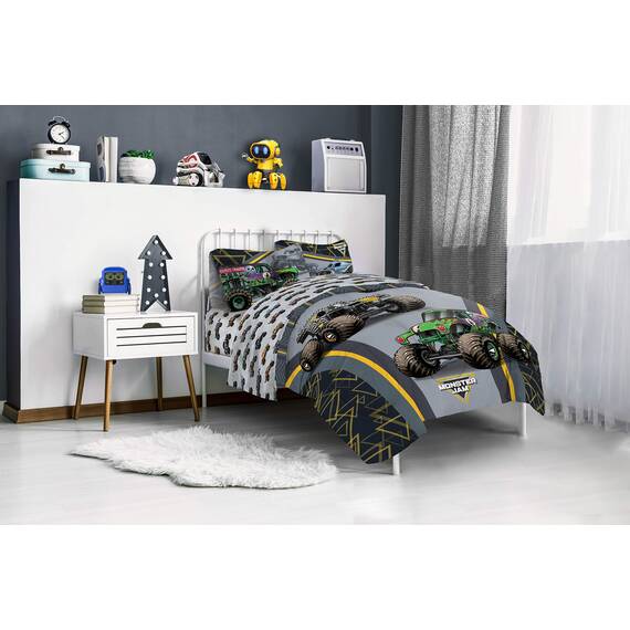 Monster Jam MJ Life 5-teiliges Bettwäsche-Set – inkl. Wendedecke und Bettlaken – Bettwäsche mit Grab Bagger, Max-D, Megalodon – Super weiche Mikrofaser – (offizielles Monster Jam Produkt)