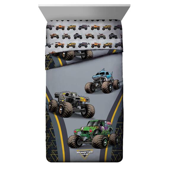 Monster Jam MJ Life 5-teiliges Bettwäsche-Set – inkl. Wendedecke und Bettlaken – Bettwäsche mit Grab Bagger, Max-D, Megalodon – Super weiche Mikrofaser – (offizielles Monster Jam Produkt)