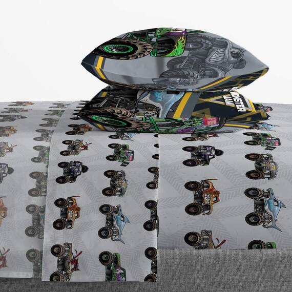 Monster Jam MJ Life 5-teiliges Bettwäsche-Set – inkl. Wendedecke und Bettlaken – Bettwäsche mit Grab Bagger, Max-D, Megalodon – Super weiche Mikrofaser – (offizielles Monster Jam Produkt)
