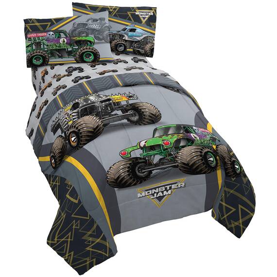 Monster Jam MJ Life 5-teiliges Bettwäsche-Set – inkl. Wendedecke und Bettlaken – Bettwäsche mit Grab Bagger, Max-D, Megalodon – Super weiche Mikrofaser – (offizielles Monster Jam Produkt)