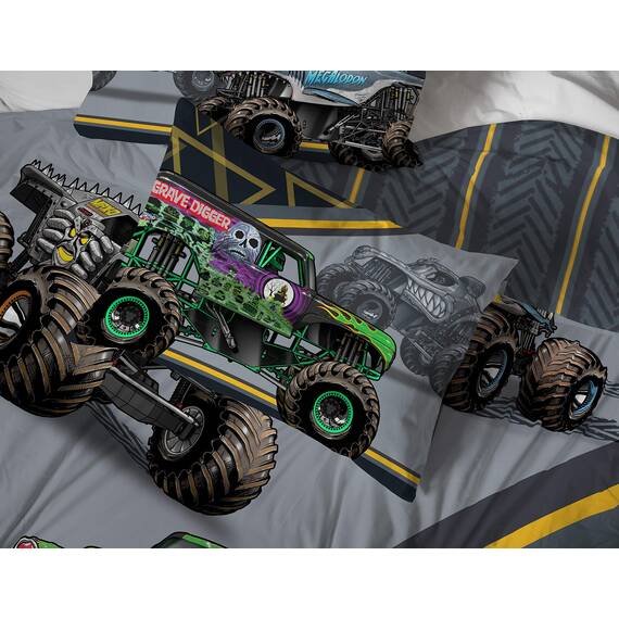 Monster Jam MJ Life 5-teiliges Bettwäsche-Set – inkl. Wendedecke und Bettlaken – Bettwäsche mit Grab Bagger, Max-D, Megalodon – Super weiche Mikrofaser – (offizielles Monster Jam Produkt)