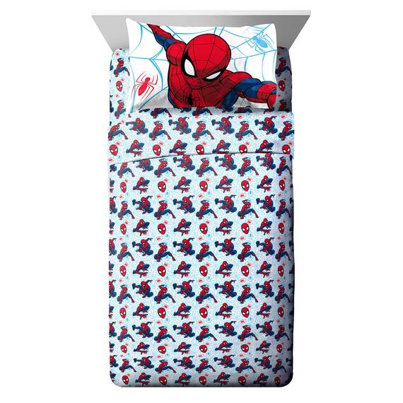 Jay Franco Marvel Spiderman Webtastic 4 Piece Toddler Size Bed Set – Super Soft Microfiber Bed Set Includes Toddler Size Reversible Comforter & Sheet Set Bedding (Official Marvel Product)