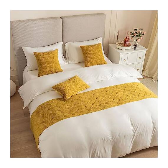 Morbuy Bettläufer und Kissen Bezug, Muschelmuster Jacquard Bettschal für den Fuß des Bettes Luxus Weicher Bettlaufer Schlafzimmer für Gästehaus Hotel Schlafzimme (45x210cm (Bettläufer),Gelb)