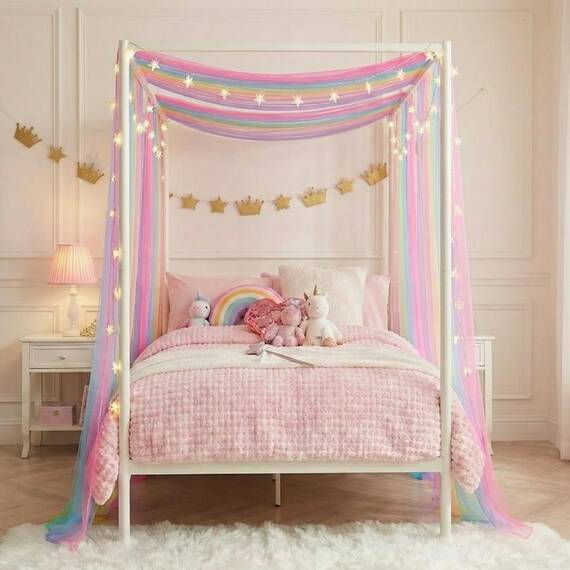 WANFASO Regenbogen-Betthimmel für Mädchen, durchsichtige Twin-Baldachin-Bettvorhänge mit Lichtern, Prinzessinnen-Baldachin-Schal für Mädchen-Schlafzimmer-Dekoration (2 Paneele)