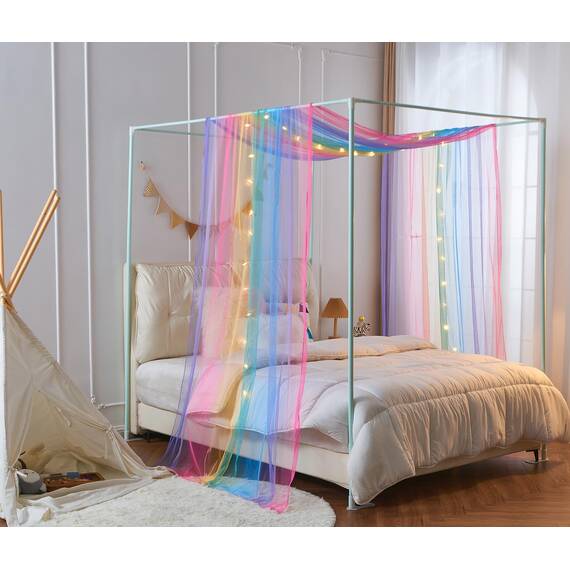 WANFASO Regenbogen-Betthimmel für Mädchen, durchsichtige Twin-Baldachin-Bettvorhänge mit Lichtern, Prinzessinnen-Baldachin-Schal für Mädchen-Schlafzimmer-Dekoration (2 Paneele)