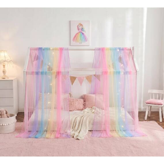 WANFASO Regenbogen-Betthimmel für Mädchen, durchsichtige Twin-Baldachin-Bettvorhänge mit Lichtern, Prinzessinnen-Baldachin-Schal für Mädchen-Schlafzimmer-Dekoration (2 Paneele)