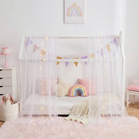 WANFASO Haus Weißer Betthimmel mit Lichtern, Prinzessin Durchsichtiger Betthimmel Vorhang für Mädchen Kinderzimmer Dekor, Twin-Bett Baldachin Schal Vorhänge (2-teilig)
