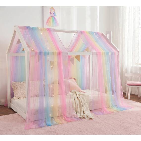 WANFASO Regenbogen-Betthimmel für Mädchen, durchsichtige Twin-Baldachin-Bettvorhänge mit Lichtern, Prinzessinnen-Baldachin-Schal für Mädchen-Schlafzimmer-Dekoration (2 Paneele)