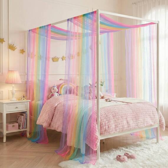 WANFASO Regenbogen-Betthimmel für Mädchen, durchsichtige Twin-Baldachin-Bettvorhänge mit Lichtern, Prinzessinnen-Baldachin-Schal für Mädchen-Schlafzimmer-Dekoration (2 Paneele)