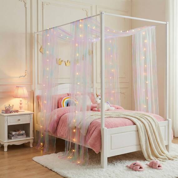WANFASO Hausbetthimmel für Mädchen, Regenbogen-Batik-Überdachung, Bettvorhänge, Doppelbett mit Lichtern, Prinzessin, durchscheinender Betthimmel, Schal für Mädchen, Raumdekoration (2 Paneele)