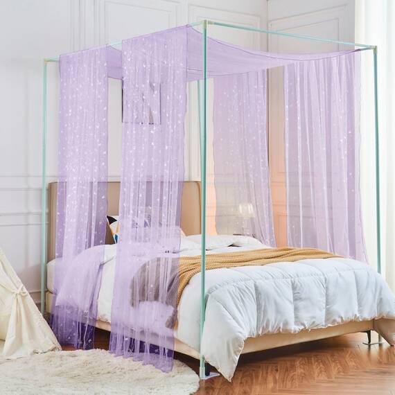 WANFASO Lila Pferde Baldachin Bettvorhänge mit Lichtern, Prinzessin Bett Baldachin für Mädchen Kinderzimmer Dekor, Durchsichtige Twin Bett Baldachin Vorhang Schals (2 Paneele)