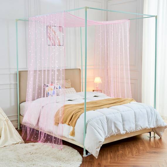 WANFASO Rosa Pferd Betthimmel-Vorhänge mit Lichtern, Prinzessinnen-Betthimmel für Mädchen, Kinderzimmer-Dekoration, durchsichtige Einzelbett-Betthimmel-Vorhänge, Schal (2 Paneele)