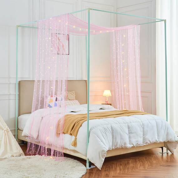 WANFASO Rosa Pferd Betthimmel-Vorhänge mit Lichtern, Prinzessinnen-Betthimmel für Mädchen, Kinderzimmer-Dekoration, durchsichtige Einzelbett-Betthimmel-Vorhänge, Schal (2 Paneele)