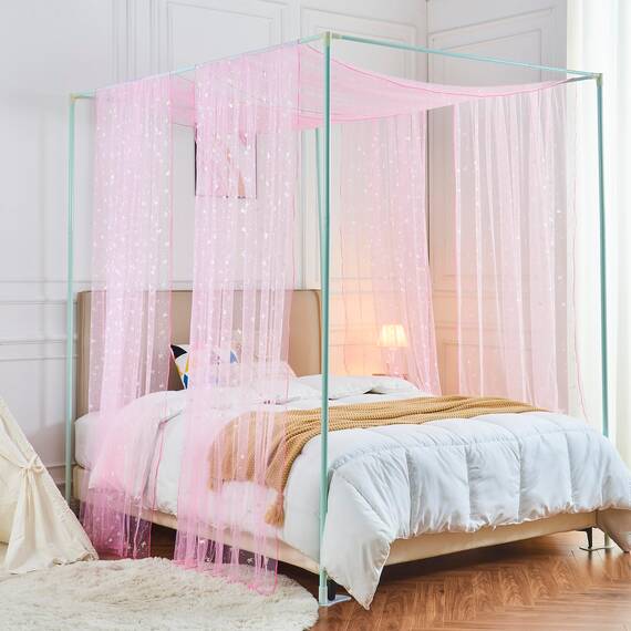 WANFASO Rosa Pferd Betthimmel-Vorhänge mit Lichtern, Prinzessinnen-Betthimmel für Mädchen, Kinderzimmer-Dekoration, durchsichtige Einzelbett-Betthimmel-Vorhänge, Schal (2 Paneele)