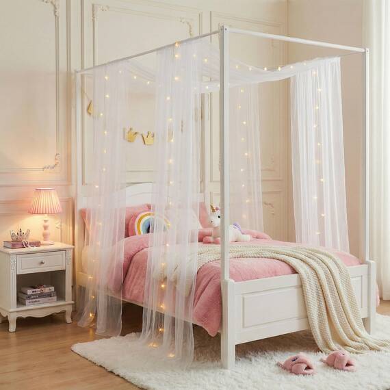 WANFASO Haus Weißer Betthimmel mit Lichtern, Prinzessin Durchsichtiger Betthimmel Vorhang für Mädchen Kinderzimmer Dekor, Twin-Bett Baldachin Schal Vorhänge (2-teilig)