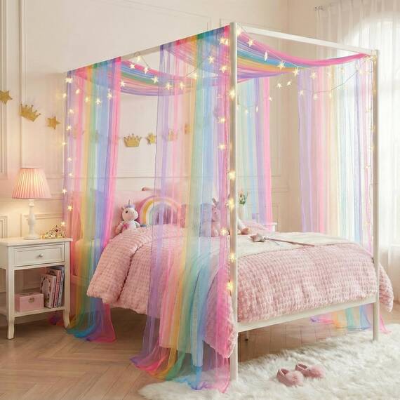 WANFASO Regenbogen-Betthimmel für Mädchen, durchsichtige Twin-Baldachin-Bettvorhänge mit Lichtern, Prinzessinnen-Baldachin-Schal für Mädchen-Schlafzimmer-Dekoration (2 Paneele)