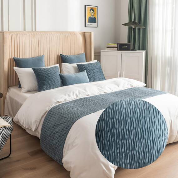 Morbuy Bettläufer und Kissen Bezug, Reversibel Bettschal für den Fuß des Bettes Luxus Weicher Bettlaufer Schlafzimmer für Hotel Gästehaus Schlafzimme (45x240cm (Jacquard-Bettläufer),Dunst blau)