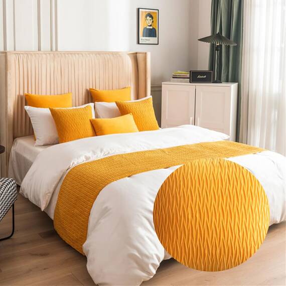 Morbuy Bettläufer und Kissen Bezug, Reversibel Bettschal für den Fuß des Bettes Luxus Weicher Bettlaufer Schlafzimmer für Hotel Gästehaus Schlafzimme (45x180cm (Jacquard-Bettläufer),helles Gelb)