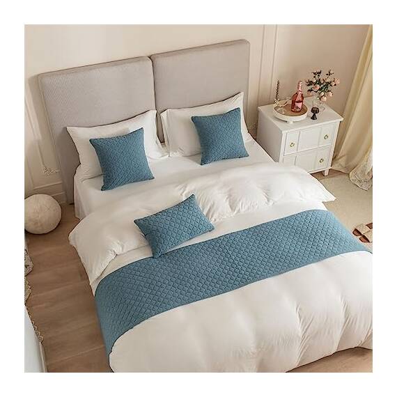Morbuy Bettläufer mit Kissen, Bettschal für den Fuß des Bettes Luxus Weicher Bettlaufer Schlafzimmer für Gästehaus Hotel Schlafzimme Dekorativer (Haze blau,45x180+45x45cm)