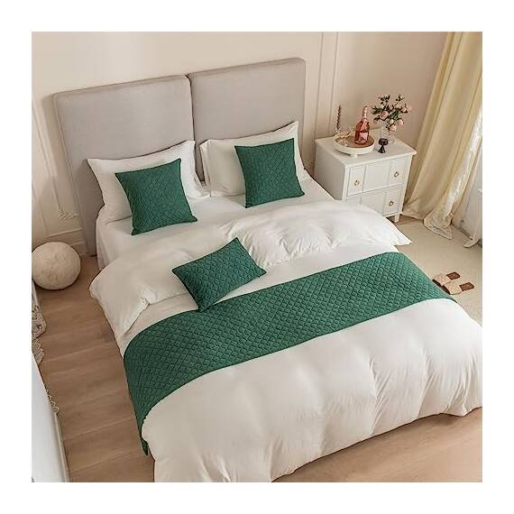 Morbuy Bettläufer mit Kissen, Bettschal für den Fuß des Bettes Luxus Weicher Bettlaufer Schlafzimmer für Gästehaus Hotel Schlafzimme Dekorativer (Grün,45x180+45x45cm)
