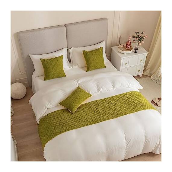 Morbuy Bettläufer mit Kissen, Bettschal für den Fuß des Bettes Luxus Weicher Bettlaufer Schlafzimmer für Gästehaus Hotel Schlafzimme Dekorativer (Grasgrün,45x180+45x45cm)