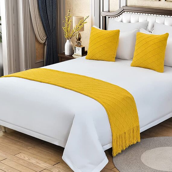 Bed Runner Bettläufer Schal Mit Passenden Kissen Moderner Bettüberwurf Mit Quasten King-Size-Betttuch Weich Gestrickt Für Zuhause Tagesdecke Schutz Bettwäsche Dekoration Für Einzel Doppel Kingsize
