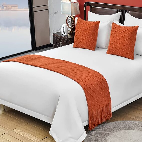 Bed Runner Bettläufer Schal Mit Passenden Kissen Moderner Bettüberwurf Mit Quasten King-Size-Betttuch Weich Gestrickt Für Zuhause Tagesdecke Schutz Bettwäsche Dekoration Für Einzel Doppel Kingsize