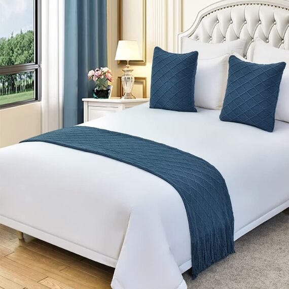 Bed Runner Bettläufer Schal Mit Passenden Kissen Moderner Bettüberwurf Mit Quasten King-Size-Betttuch Weich Gestrickt Für Zuhause Tagesdecke Schutz Bettwäsche Dekoration Für Einzel Doppel Kingsize