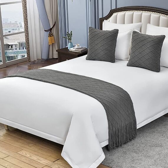 Bed Runner Bettläufer Schal Mit Passenden Kissen Moderner Bettüberwurf Mit Quasten King-Size-Betttuch Weich Gestrickt Für Zuhause Tagesdecke Schutz Bettwäsche Dekoration Für Einzel Doppel Kingsize