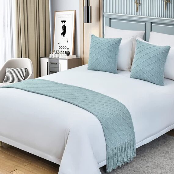 Bed Runner Bettläufer Schal Mit Passenden Kissen Moderner Bettüberwurf Mit Quasten King-Size-Betttuch Weich Gestrickt Für Zuhause Tagesdecke Schutz Bettwäsche Dekoration Für Einzel Doppel Kingsize