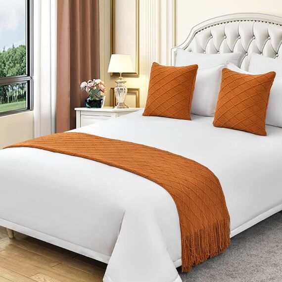 Bed Runner Bettläufer Schal Mit Passenden Kissen Moderner Bettüberwurf Mit Quasten King-Size-Betttuch Weich Gestrickt Für Zuhause Tagesdecke Schutz Bettwäsche Dekoration Für Einzel Doppel Kingsize
