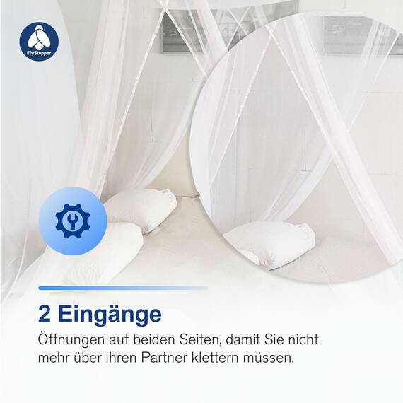Flystopper XXL Moskitonetz Reise für Doppelbett – Mückennetz Bett mit extra großem Ring (80 cm), Moskitonetz Bett inkl. Aufhängeschnur & Tragetasche – Himmelbett Mückenschutz–250x80x1400cm
