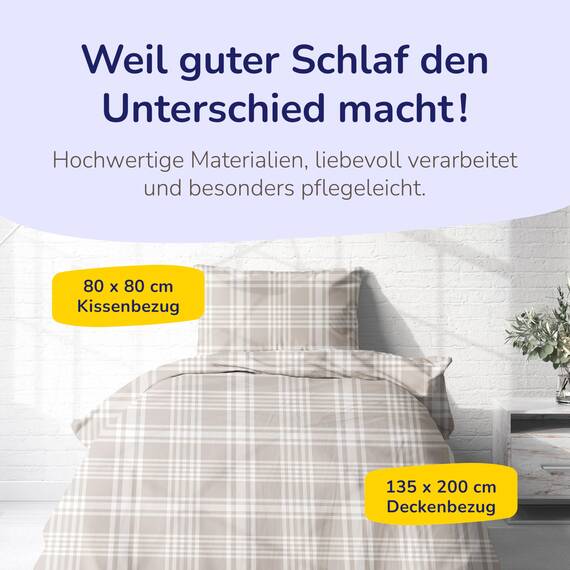 Träumschön Biber Bettwäsche Set 2tlg 135x200 cm + 80x80 cm – Flauschige Bettwäsche Beige – Weiche Winterbettwäsche Kariert - Atmungsaktiv, Warm & Hautfreundlich - 100% Baumwolle