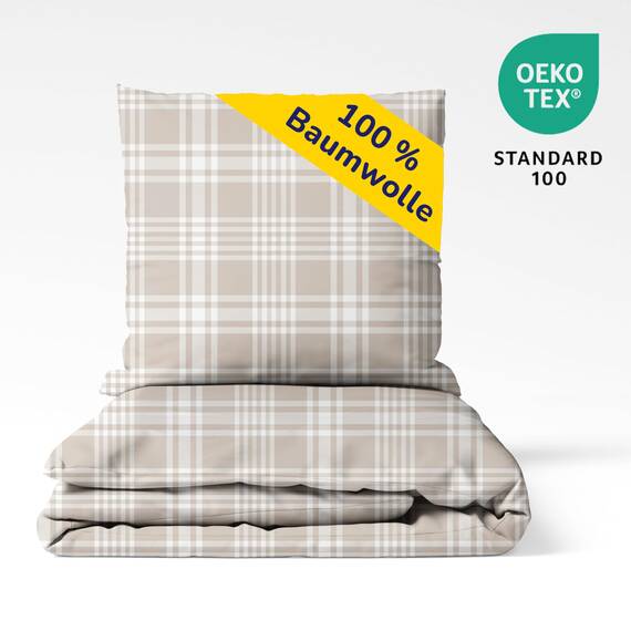 Träumschön Biber Bettwäsche Set 2tlg 135x200 cm + 80x80 cm – Flauschige Bettwäsche Beige – Weiche Winterbettwäsche Kariert - Atmungsaktiv, Warm & Hautfreundlich - 100% Baumwolle