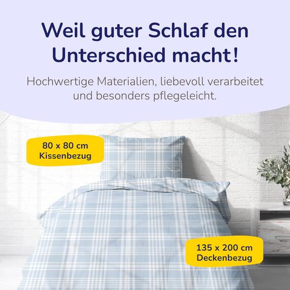 Träumschön Biber Bettwäsche Set 4tlg 135x200 cm + 80x80 cm – Flauschige Bettwäsche Hellblau – Weiche Winterbettwäsche Kariert - Atmungsaktiv, Warm & Hautfreundlich - 100% Baumwolle