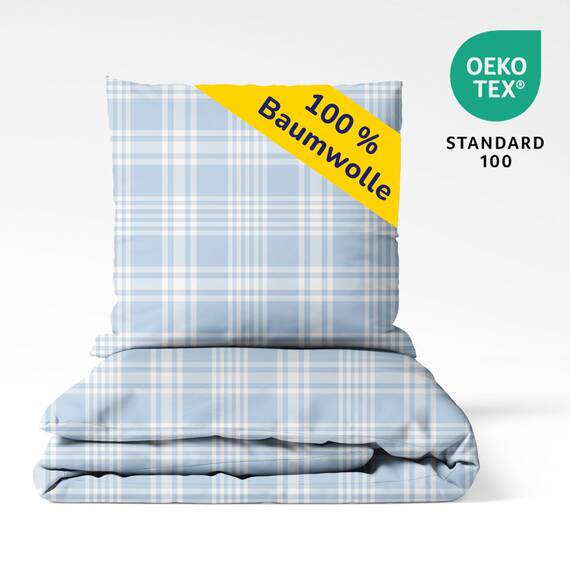 Träumschön Biber Bettwäsche Set 4tlg 135x200 cm + 80x80 cm – Flauschige Bettwäsche Hellblau – Weiche Winterbettwäsche Kariert - Atmungsaktiv, Warm & Hautfreundlich - 100% Baumwolle