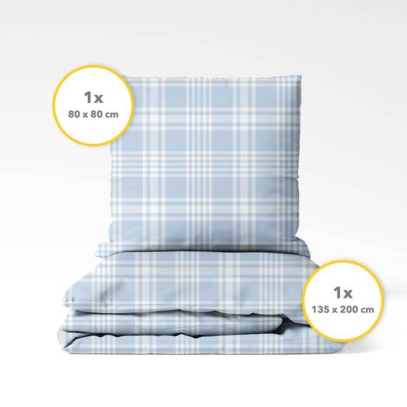 Träumschön Biber Bettwäsche Set 2tlg 135x200 cm + 80x80 cm – Flauschige Bettwäsche Hellblau – Weiche Winterbettwäsche Kariert - Atmungsaktiv, Warm & Hautfreundlich - 100% Baumwolle