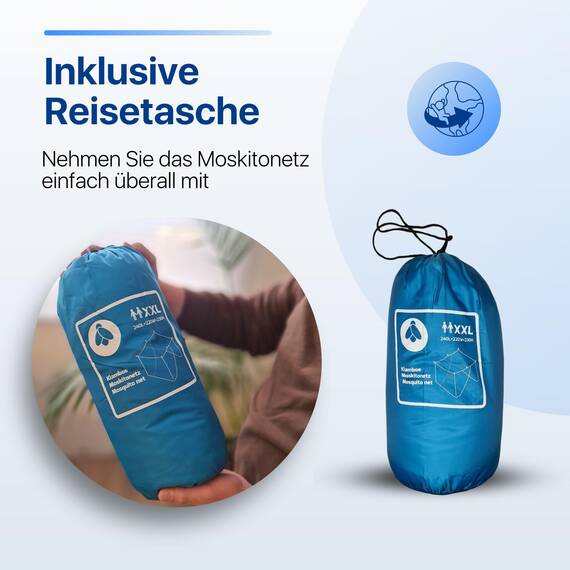 Flystopper - MOSKITONETZ Doppelbett XXL - 240x220x230, XXL Mückennetz für Bett, feinste Löcher, rechteckiger Netzvorhang Reise, Insektenschutz, 2 Einträge, einfache Anbringung, Tragetasche